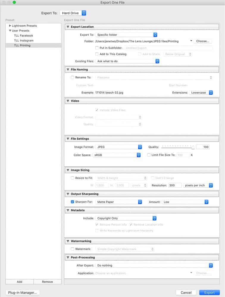 export setting lightroom classic