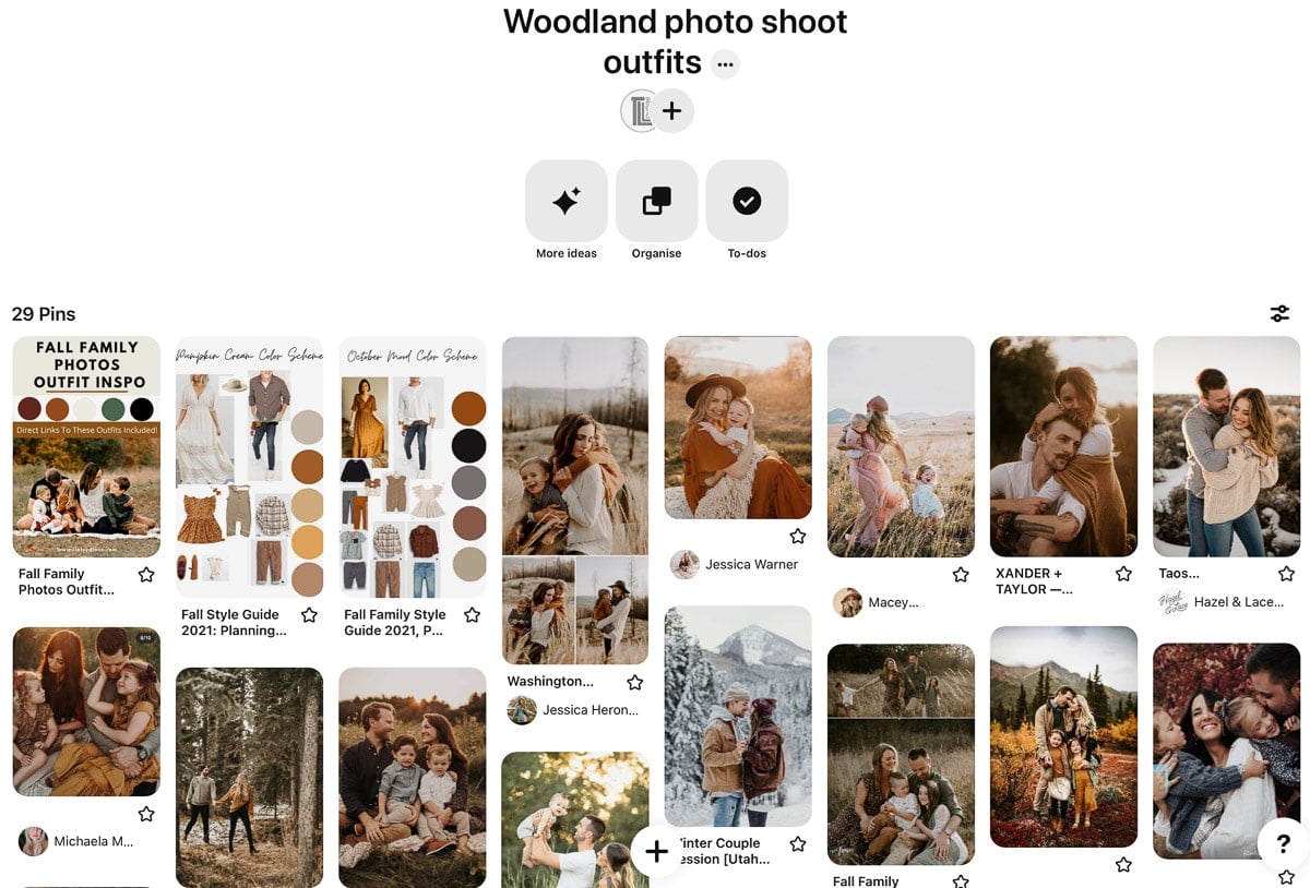 Pinterest board on what to wear for outdoor photo shoot