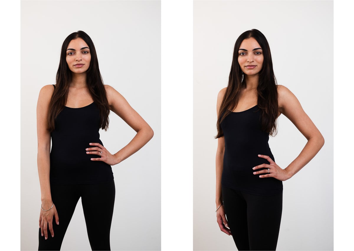 Female pose to appear slimmer by angling sideways