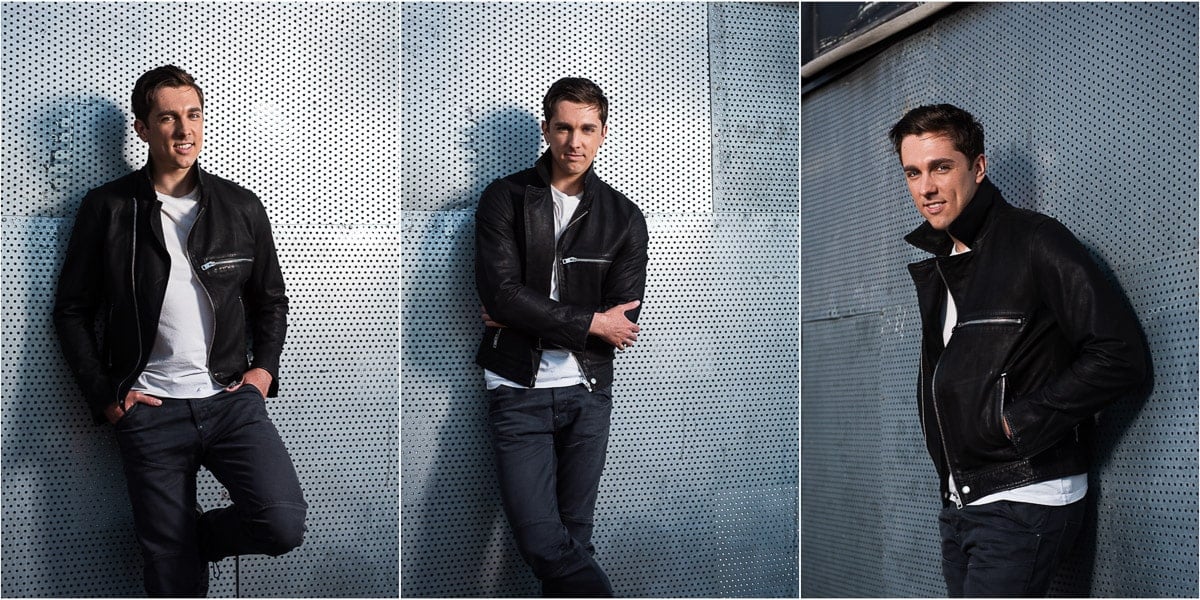 Basic male poses leaning against a wall