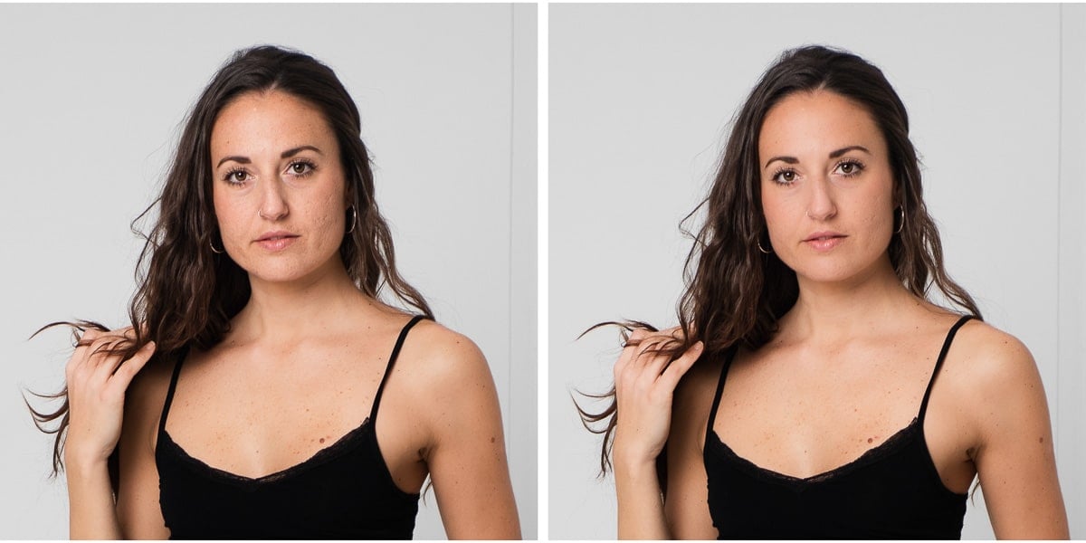 Before and after skin editing in Lightroom