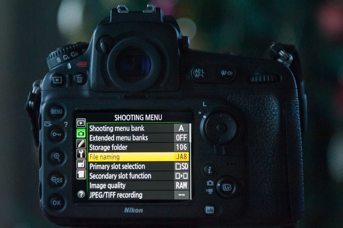 shooting menu to set name for photography files